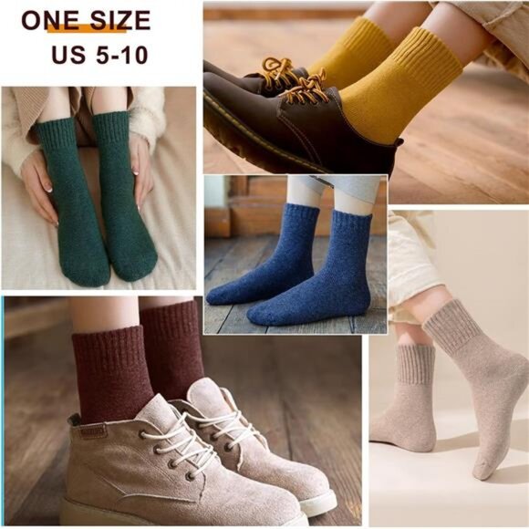 5 Pairs Wool Socks for Women, Size 5-10, Warm Hiking Cozy Thermal Crew - Picture 5 of 7